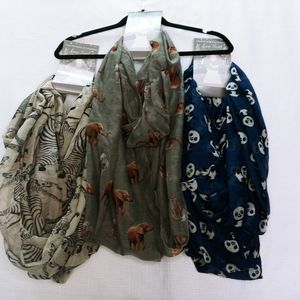 Animal print Infinity loop scarf lot of 3 elephant panda zebra